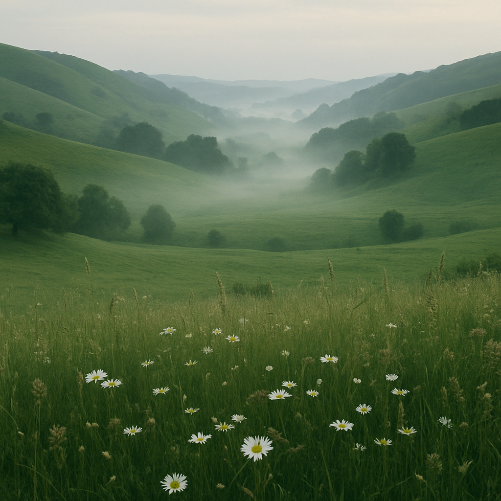 A calm, misty Tasmanian landscape with rolling green hills and soft wildflowers